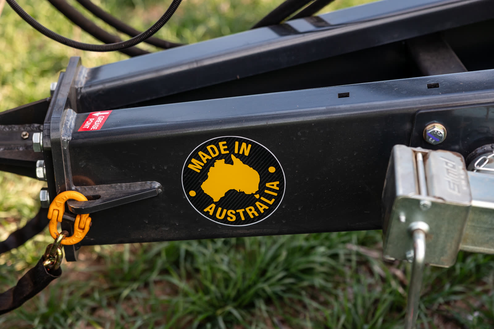 Made in Australia badge on the drawbar of a Stoll sprayer