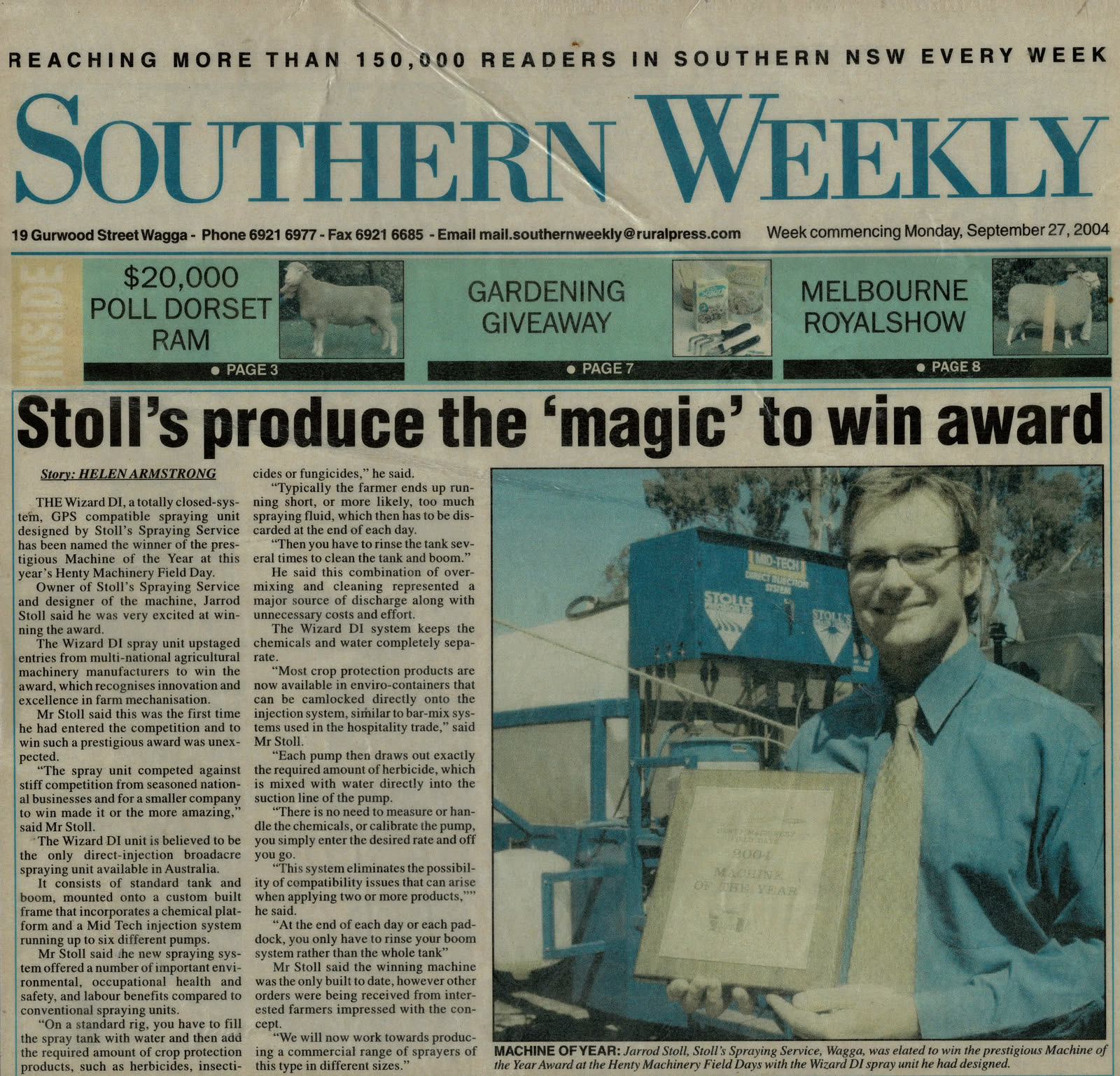 The front page of the Southern Weekly of 27 September 2004, headlined “Stoll's produce the ‘magic’ to win award”, with Jarrod Stoll holding the Machine of the Year plaque beside the Wizard DI spray unit he designed