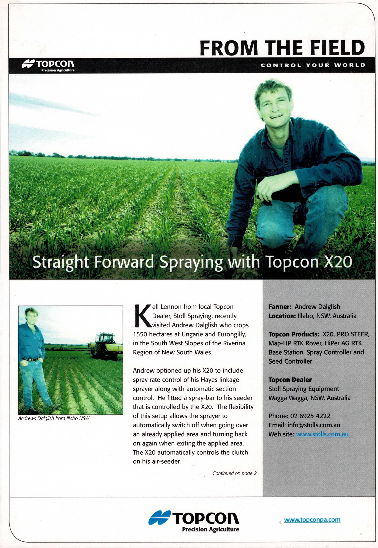 A Topcon From the Field case study sheet headed “Straight forward spraying with Topcon X20”, naming Stoll Spraying Equipment of Wagga Wagga as the Topcon dealer