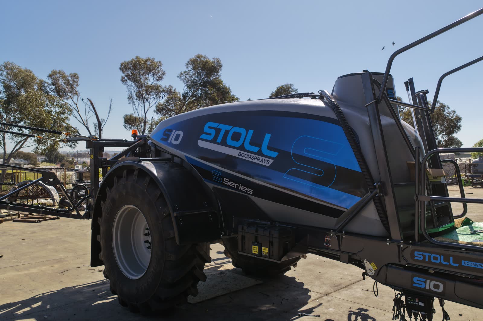A Stoll S10 with its boom folded, standing in the yard at Wagga Wagga