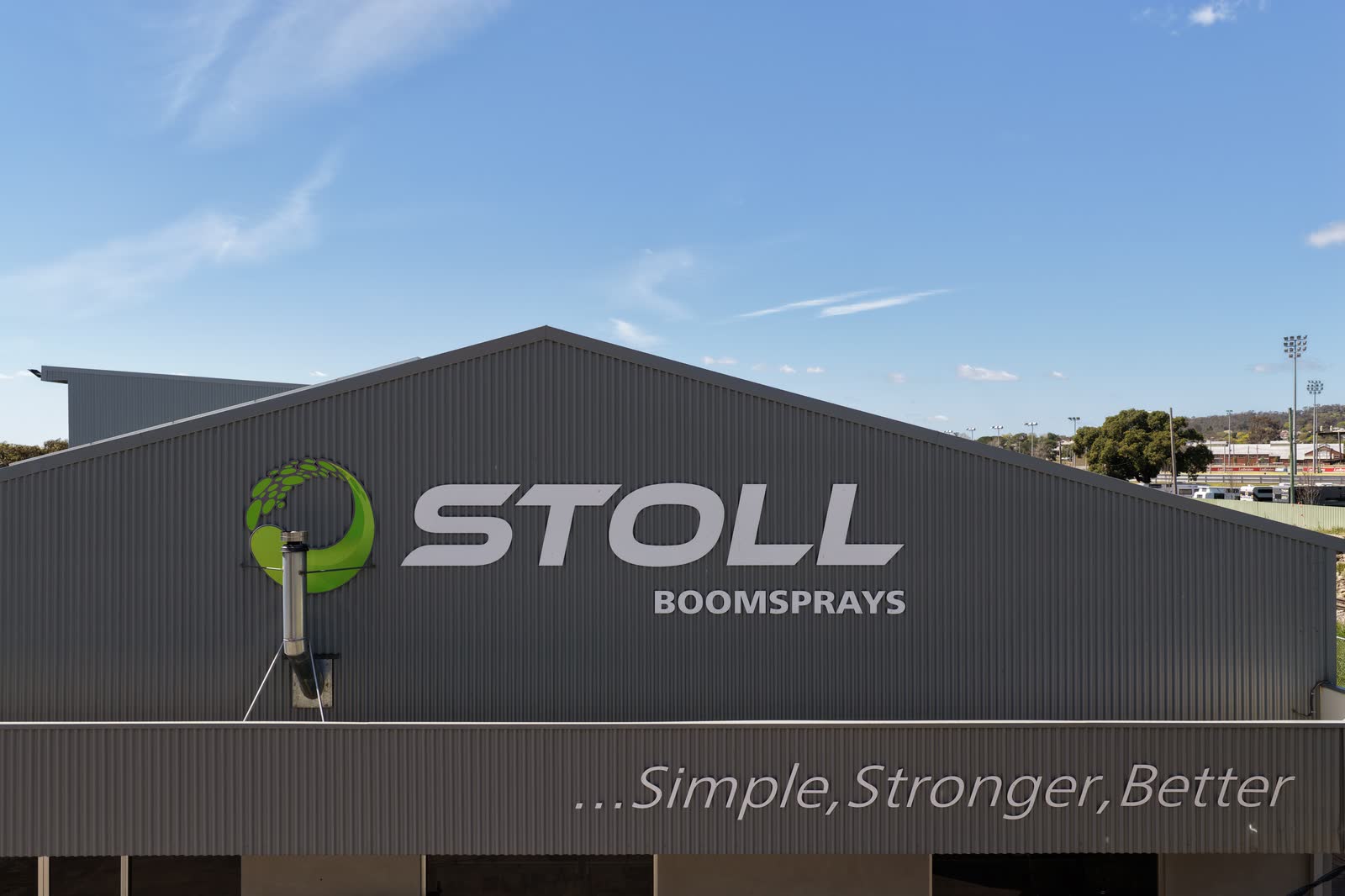 The Stoll Boomsprays sign on the gable of the Wagga Wagga factory
